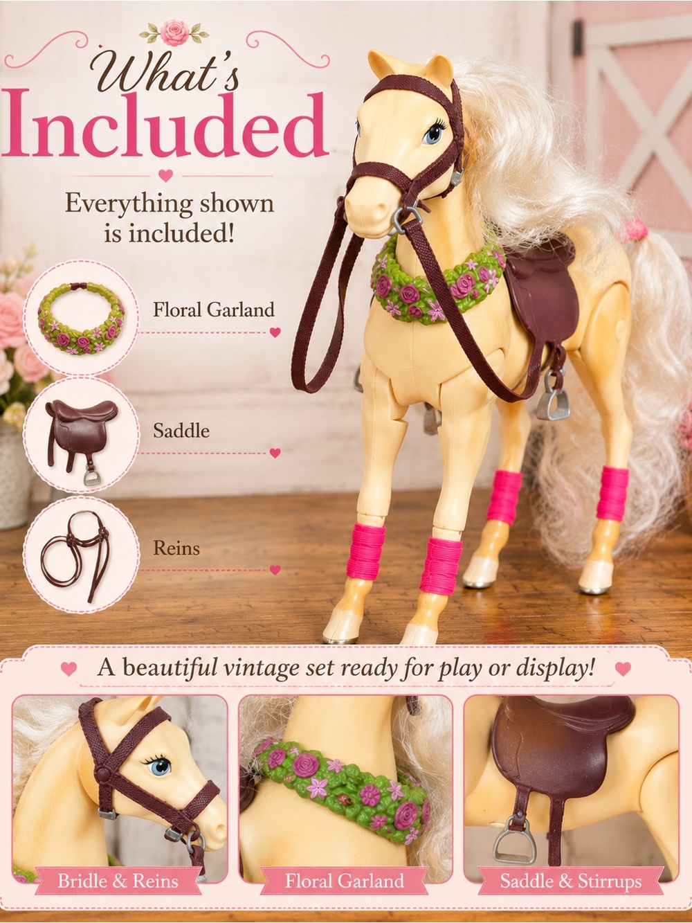 Vintage Barbie Horse with Mane & Tail and Floral Garland , Saddle, and R… - Picture 2 of 16